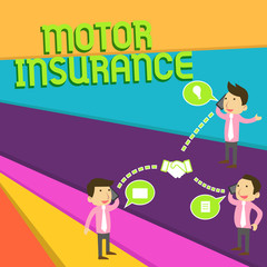 Handwriting text Motor Insurance. Concept meaning Provides financial compensation to cover any injuries Businessmen Coworkers Conference Call Conversation Discussion Mobile Phones.