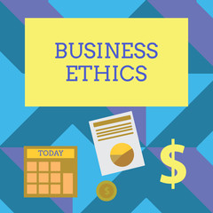 Text sign showing Business Ethics. Conceptual photo Moral principles that guide the way a business behaves Computing Dollar Investment in Gold and Presenting Data thru Pie Chart Graph.