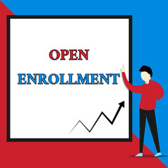 Text sign showing Open Enrollment. Conceptual photo The yearly period when showing can enroll an insurance View young man standing pointing up blank rectangle Geometric background.