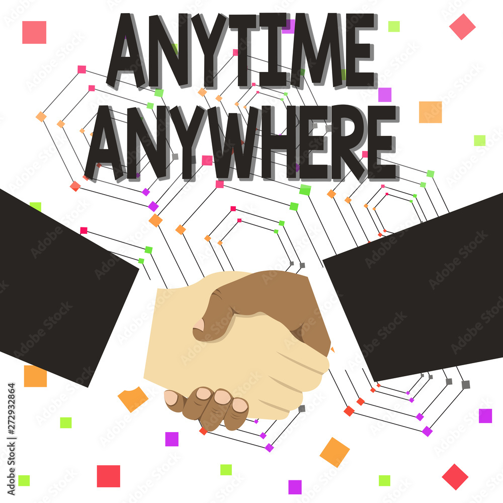 Poster text sign showing anytime anywhere. business photo text saying that you can do something at every pl