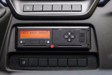 Digital tachograph display reads Call main menu. Tachograph menu. No personal data. Tachograph in a van
