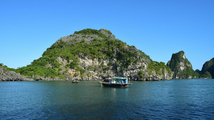 Floating village and rock islands in Halong Bay, Vietnam, Southeast Asia. Travel destination.