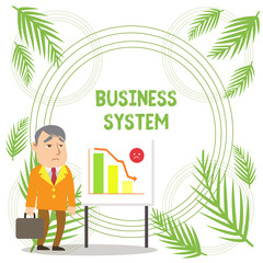 Handwriting text writing Business System. Conceptual photo A method of analyzing the information of organizations Businessman Clerk with Brief Case Standing Whiteboard Declining Bar Chart © A
