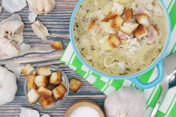 A bowl with traditional Czech garlic soup cesnecka