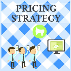 Text sign showing Pricing Strategy. Business photo showcasing set maximize profitability for unit sold or market overall SMS Email Marketing Media Audience Attraction Personal Computer Loudspeaker