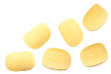 Group of potato chips isolated on white background. top view
