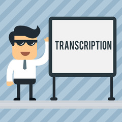 Writing note showing Transcription. Business concept for Written or printed version of something Hard copy of audio Office Worker Sunglass Blank Whiteboard Meeting Presentation