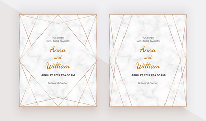 Golden polygonal lines frames on the marble texture. Geometric wedding invitation. Trendy templates for banner, flyer, poster, greeting.