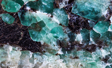 Malachite in mica group of sheet silicate minerals. Natural decorative stone texture pattern macro view photo
