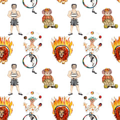 Circus characters  vintage watercolor drawing seamless pattern  illustration