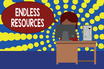 Word writing text Endless Resources. Business photo showcasing Unlimited supply of stocks or financial assistance Young female working office sitting desktop computer office monitor photo