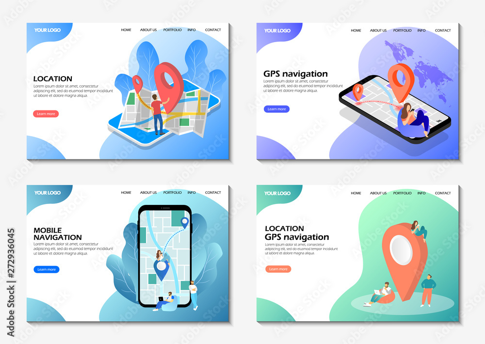 Poster startup landing pages. mobile navigation, gps navigation, location. set of web pages. modern web pag