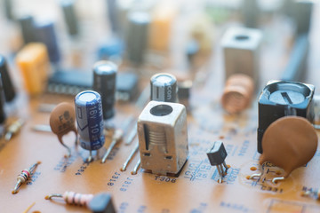 close-up circuit board with electronic components on printed