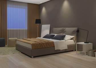 Modern house interior. Bedroom design in warm tones. 3D rendering.