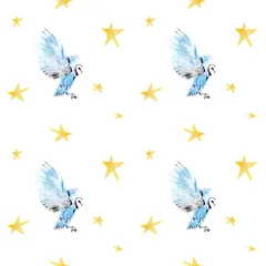 Deurstickers Vlinders Beautiful and magical pattern of blue watercolor owl and stars. Perfect for unique print, kids typography, book animal illustration. It is a hand drawn picture - Illustration