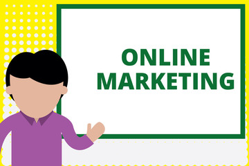 Text sign showing Online Marketing. Business photo text form advertising which uses Internet deliver customer needs Young man standing in front whiteboard pointing to project. photo Art
