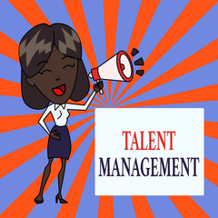 Text sign showing Talent Management. Business photo text Acquiring hiring and retaining talented employees Young Woman Speaking into Blowhorn Volume Icon Colored Backgdrop Text Box