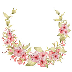 Sakura flowers watercolor illustration. Blossom petal wreath 