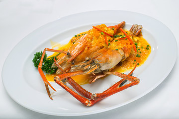 Stir fried giant freshwater prawn curry (Thai cuisine)