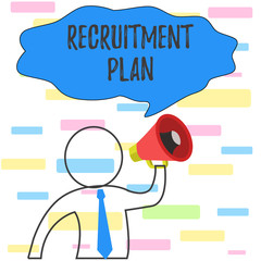 Writing note showing Recruitment Plan. Business concept for saving money in order to use it when you quit working Outline Symbol Man Loudspeaker Making Announcement Giving Instructions