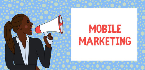 Text sign showing Mobile Marketing. Business photo text technique focused reaching audience on their smart device Young Woman Jacket Ponytail Shouting into Loudhailer Rectangular Text Box