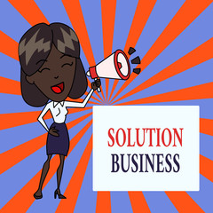 Text sign showing Solution Business. Business photo text Marketing and advertising Payroll Accounting Research Young Woman Speaking into Blowhorn Volume Icon Colored Backgdrop Text Box