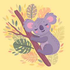 Obraz premium Cute hand drawn koala sleeping on the branch.