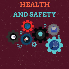 Handwriting text Health And Safety. Conceptual photo procedures intended to prevent accident in workplace Set of Global Online Social Networking Icons Inside Colorful Cog Wheel Gear