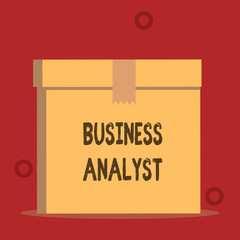 Word writing text Business Analyst. Business photo showcasing someone who analyzes big organization or website domain Close up front view open brown cardboard sealed box lid. Blank background