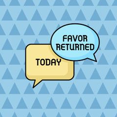 Text sign showing Favor Returned. Business photo showcasing Good deed for someone who has done a good deed for you Pair of Overlapping Blank Speech Bubbles of Oval and Rectangular Shape