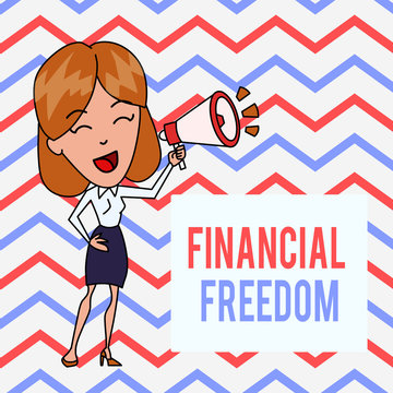 Writing note showing Financial Freedom. Business concept for Having money Free from worry when it comes to cash flow Young Woman Speaking in Blowhorn Colored Backgdrop Text Box
