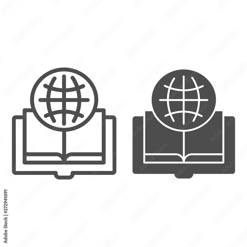 Poster foreign language book line and glyph icon. opened book vector illustration isolated on white. globe 