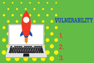 Handwriting text Vulnerability. Conceptual photo State of being exposed to the possibility of being attacked Launching rocket up laptop . Startup project. Developing goal objectives