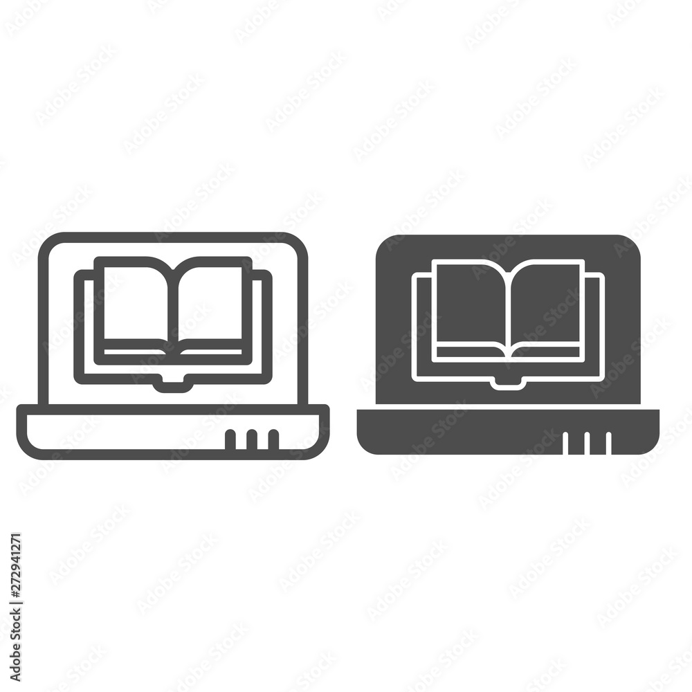 Poster laptop book line and glyph icon. book on computer vector illustration isolated on white. digital boo