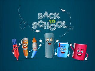 Creative text Back To School with cartoon character of school elements on green background.