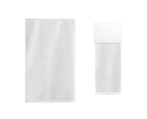 White bath textile items set isolated. Empty retail hanger with folded terry towel.