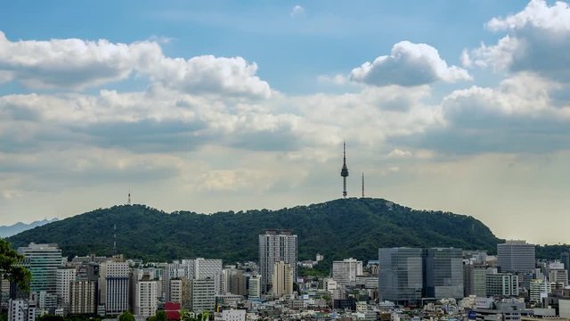 4k timelapse. Cloud-moving of Seoul downtown cityscape and Namsan Seoul Tower. Seoul, South Korea