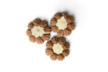 Chocolate shortbread cookies isolated on white background.