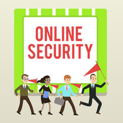 Handwriting text writing Online Security. Conceptual photo rules to protect against attacks over the Internet People Crowd Flags Pennants Headed by Leader Running Demonstration Meeting