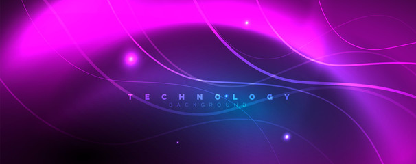 Trendy neon blue abstract design with waves and circles. Neon light glowing effect. Abstract digital background.