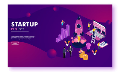 Business startup responsive landing page or hero banner design with illustration of a new entrepreneur analysis his company growth or success.