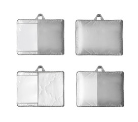 Duvet packed in to the PVC bag against the white background.