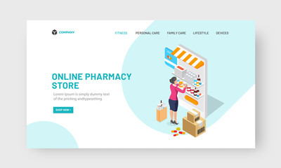 Online pharmacy store concept. 3D isometric design with girl standing on medical counter in front of smartphone, medical care app for online health service website landing page.