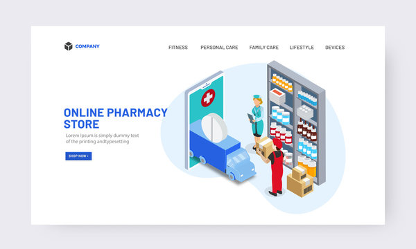 Isometric medicine order from smartphone. Online medical store with e-payment concept for Online Pharmacy Store landing page design.