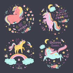 Set of fantasy postets with cute unicorns.