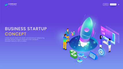 Business startup concept, isometric smartphone with application, rocket and business people meeting working on purple background. Web template or banner design.