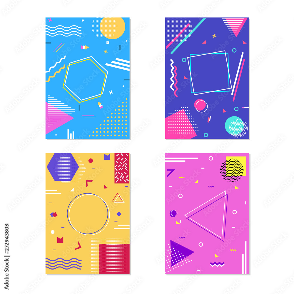 Poster template or flyer design with geometric abstract elements in four color option.