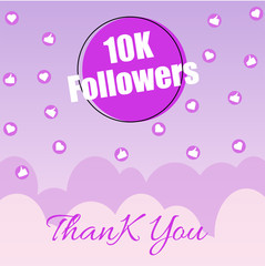 Thank you message card design with 10K followers and social networking favourite sign on purple cloudy background.