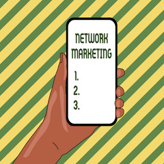 Handwriting text Network Marketing. Conceptual photo Pyramid Selling Multi level of trading goods and services Closeup of Smartphone Device Held in Hand with Empty Screen and Text Space