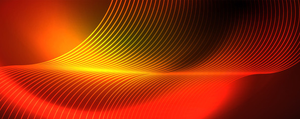 Bright neon circles and wave lines, glowing shiny background design template, digital techno concept.